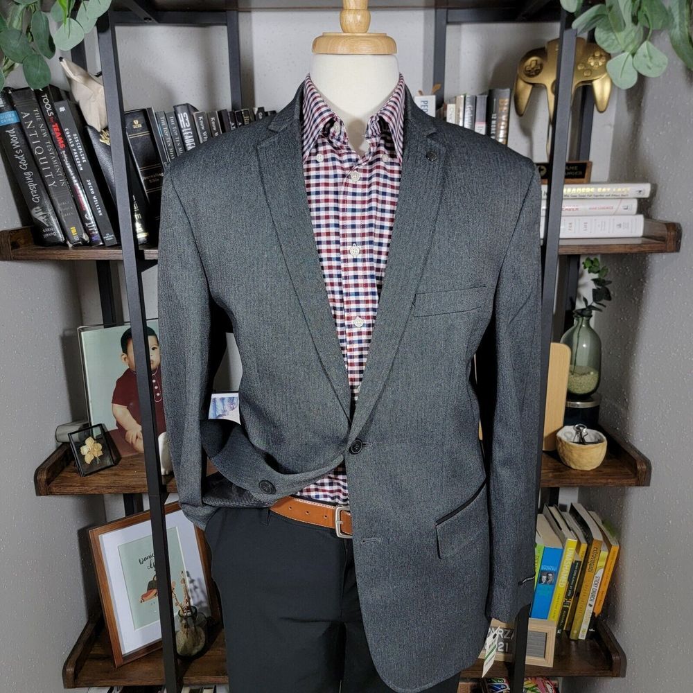 INC International Concepts Men's Sport Coat Two Button‎ Charcoal Herringbone LG